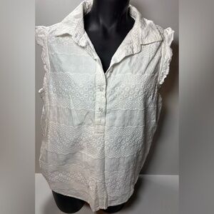 LOFT White Eyelet Sleeveless Henley Top